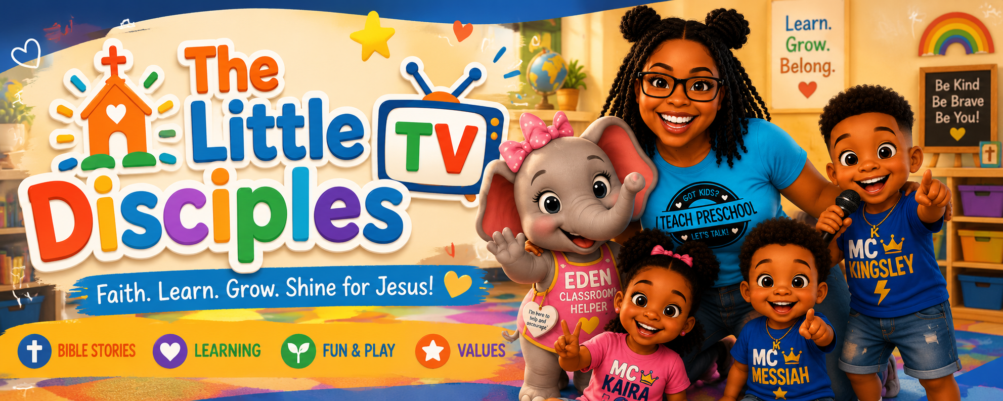The Little Disciples TV — Mrs. Kiki with preschoolers and Eden the classroom helper elephant. Faith. Learn. Grow. Shine for Jesus!