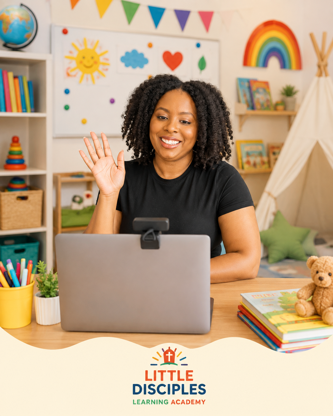 Mrs. Kiki waving to students during an online Little Disciples class