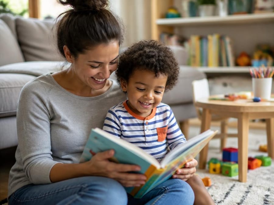 Parent reading a picture book with their preschool child at home