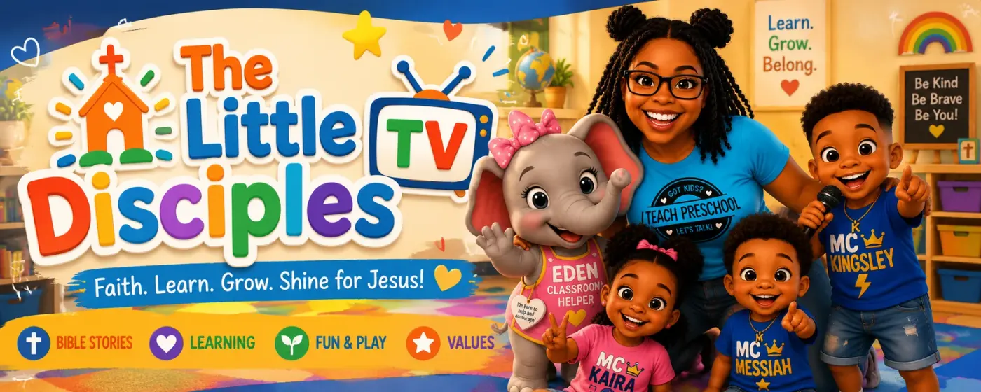 The Little Disciples TV — Mrs. Kiki with preschoolers and Eden the classroom helper elephant. Faith. Learn. Grow. Shine for Jesus!