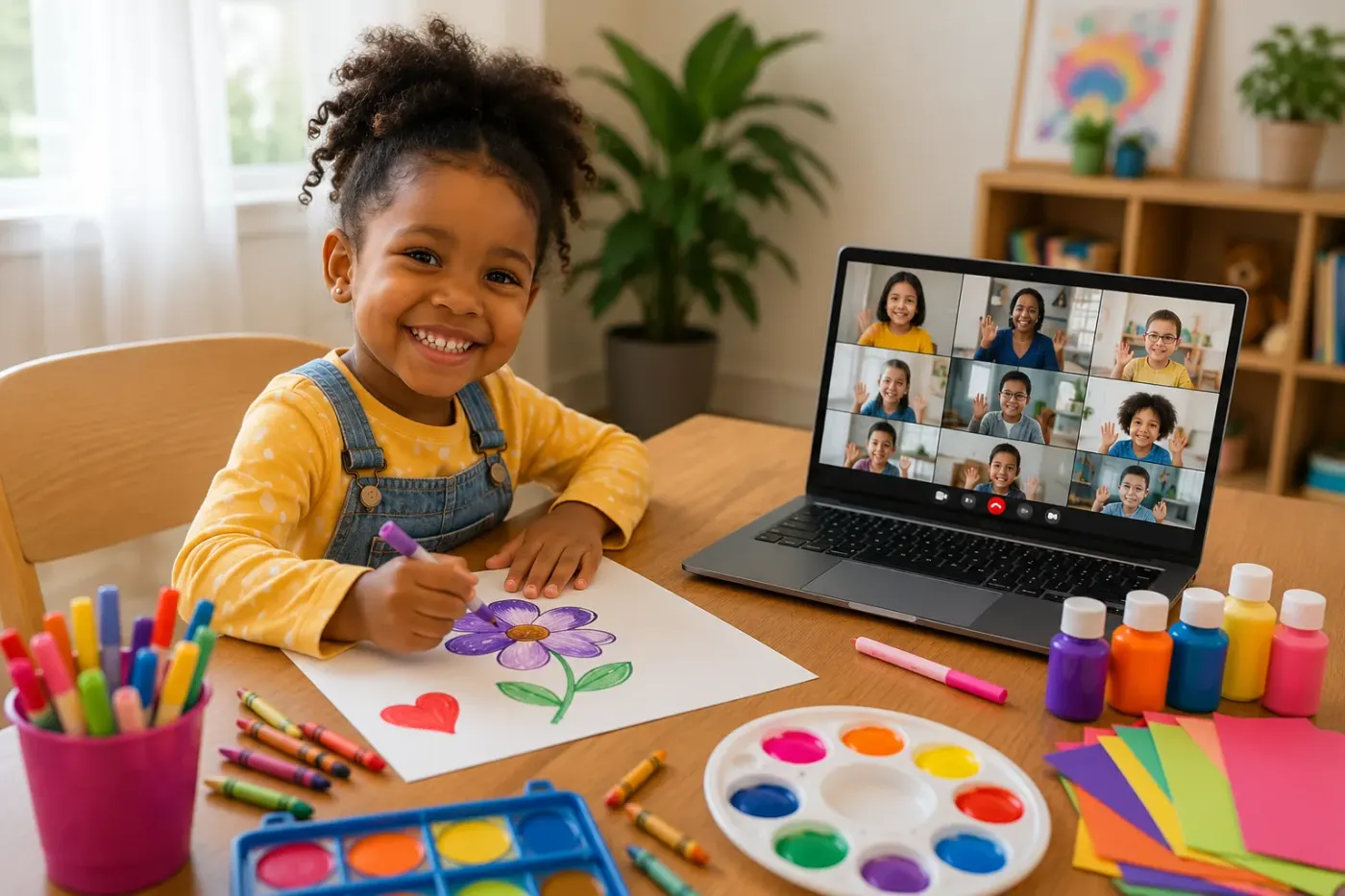 Preschool girl drawing a flower at home while her live online preschool class waves on the laptop screen