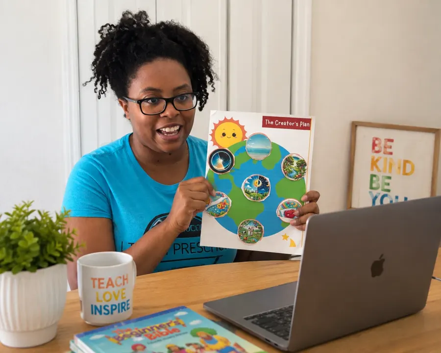 Mrs. Kiki teaching a live online preschool class with The Creator's Plan Bible lesson poster